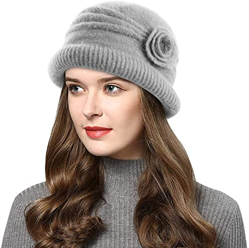Wantonfy Damen Strickmütze Warme Wintermütze mit Roll Up Kante Mütze mit Seitlicher Blume Atmungsaktivem Beanie Winter