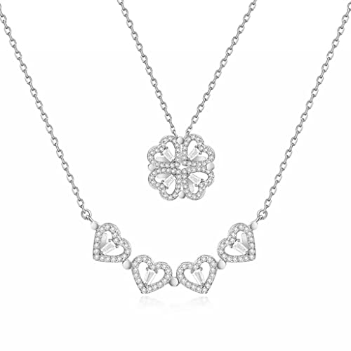 Kleeblatt Kette Silber 925 Damen Halskette Herzkette Silberkette Damen 925 mit Anhänger Herz Vierblättriges Kleeblatt Glückskette Glücksbringer Ketten Zirkonia Schmuck Weihnachtsgeschenke für Frauen