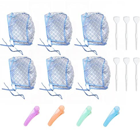 6 Highlight Caps 6 Plastic Pin Box 4 Clip Set, Hair Color Highlighter Cap Set, Disposable Highlight Highlight Hair Cap Kit for Home Hair Color Salon (Blue)