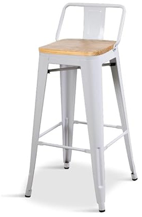 Kosmi - Barstuhl, hoher Hocker im Industriestil mit Kleiner Rückenlehne aus mattweißem Metall und Sitzfläche aus hellem Naturholz