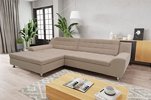 DOMO. collection Ecksofa Merida, Sofa mit Schlaffunktion in L-Form, Eckcouch mit Bettkasten, Schlafsofa 304 x 200 x 84 cm (BxTxH), taupe | Longchair links mit Bettfunktion und Steppung, gemütliche Polsterecke mit Chromfuß in L-Form, 304 x 200 x 84 cm (BxTxH)
