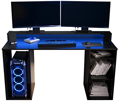 Mirjan24 Gaming Tisch Zobero I mit RGB LED-Beleuchtung und 3 Fächer, Gamer Computertisch, Holzwerkstoff, Ergonomischer PC Schreibtisch, Computerschreibtisch (Schwarz/Schwarz)
