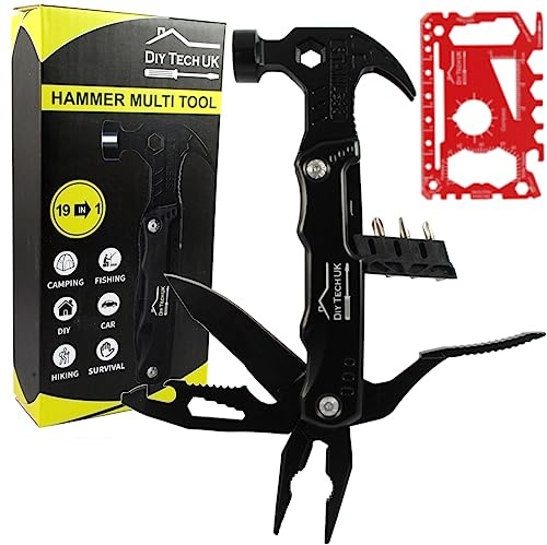 DIY TECH UK - Multitool Gadget Gifts for Men - 19 in 1 Hammer | Pliers, Screwdriver and More + Free 48 in 1 Wallet Tool - Christmas Birthday Gifts Him Who Has Everything Women Camping