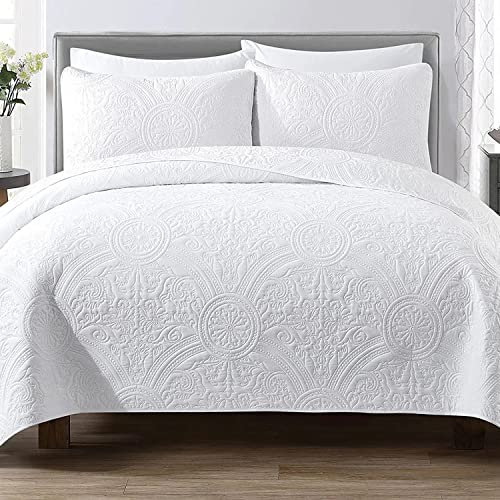 HaraDeco Colcha Blanca Floral Lisa, Colcha de Verano Ligera. Cubrecama + 2 Fundas Almohada para Todas Las Estaciones, Hogar y Hosteleria(Cama Matrimonio 135/140cm. Blanca Floral H2023)