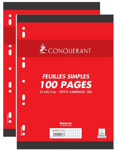 CONQUÉRANT Lot de 2 Paquets Feuilles Simples 100 Pages A4 80g Petits Carreaux