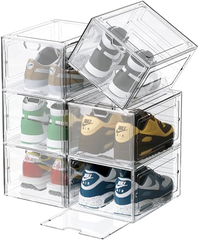 Schuhboxen Organizer-Schuhkartons durchsichtig,Transparent Schuhaufbewahrung für Sneakers und Turnschuhe,Kunststoffbox mit durchsichtiger Tür, 33.5 x25 x18cm, für Schuhe bis Größe 46, Weiß (6Pcs)