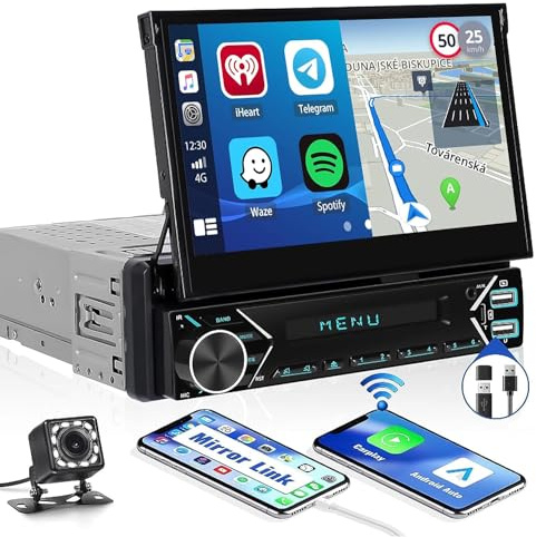 CAMECHO 1 DIN Carplay Wireless Android Auto,Radio de Coche con Pantalla Retráctil Automática de 7 Pulgadas con Bluetooth Manos Libres Mirror Link FM USB/SD/AUX-in+Cámara Trasera