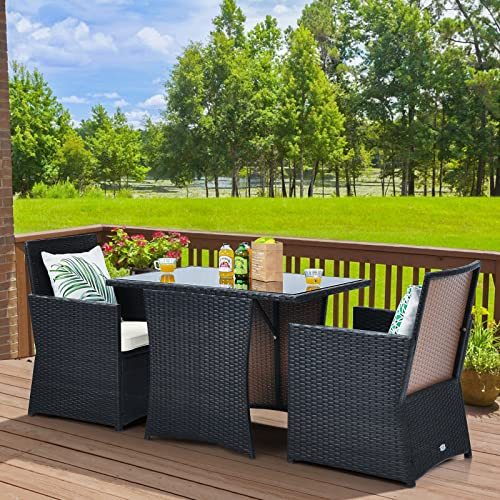 GIANTEX Gartenmöbel Set Rattan 2 Personen, Balkonmöbel Kleiner Balkon, Esstisch mit 2 Stühlen zusammenschiebbar, Balkon Möbel klein Set, Rattan Sitzgruppe inkl. Kissen, Balkonset platzsparend