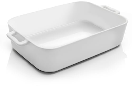 BLIRORA Tiefe Keramik-Backform, 22,9 x 33 cm, Auflaufform für Ofen, 4,5 Liter, großes elegantes Design, Lasagnepfanne mit Griffen, langlebiges Serviergeschirr für Lasagne, Braten und Backen, weiß