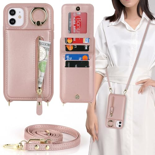 Zouzt Crossbody Wallet Case for iPhone 11, with Strap, Rose Gold | Lanyard Purse, 4 Card Holder, 360° Ring Kickstand, PU Leather Zipper Handbag, Shockproof TPU, Back Flip Phone Cover for Women