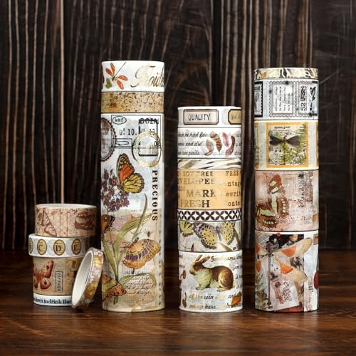 NOGAMOGA 20 Rollen Vintage Washi Tape Set, Bullet Journal Tape Pflanzen Tiere Schmetterlinge, Breit Bastelband mit goldenen Akzenten, Washi Tapes für Scrapbooking Junk Journal Kartenherstellung