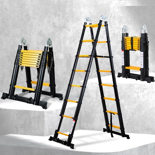 Joparri 5M (2.5+2.5) Teleskopleiter Klappleiter Aluminium mit Abnehmbarem doppelten Umlenkrollen Max Belastung 150 KG/330 Pfund, Mehrzweckleiter Ausziehleiter, Rutschfester, Schwarz Gelb
