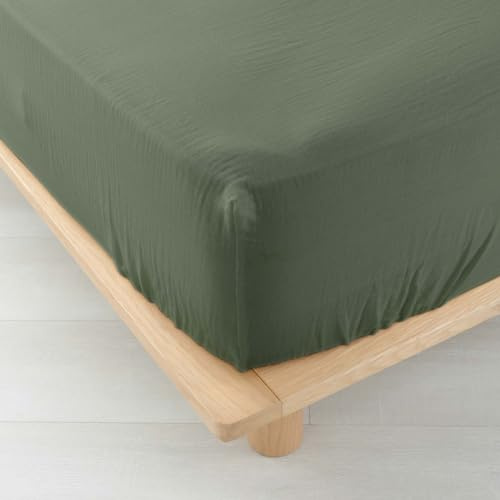 douceur d'intérieur, Drap Housse (140 x 190 cm) Angelia Kaki, Gaze de Coton Unie