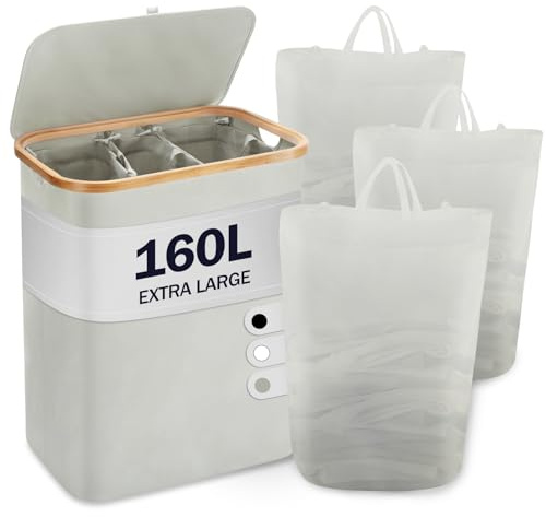 YOUDENOVA Cesto para la colada con tapa, 3 compartimentos, 160 L, con 3 bolsas para la colada, grande, plegable, madera de bambú, color gris, YDLD057-L