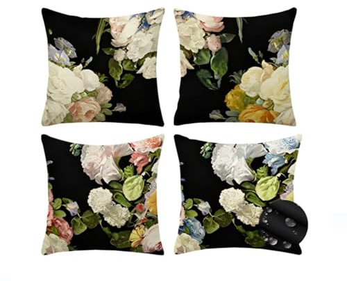 Black Cushion Decorative Throw Pillow Covers floral Water Resistant Scatter Waterproof cushion For Home Bedroom Outdoor sofa Garden Bench Cushions Couch Bed Decor Pillow covers 45x45cm set of 4