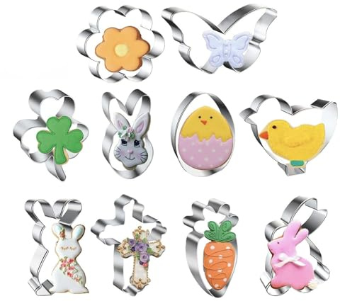10 Pcs Easter Cookie Cutters Set - Stainless Steel Cartoon Biscuit Moulds for DIY Baking, Cake Decorating, Fondant, and Pastry - Perfect for Easter and Creative Sugarcraft
