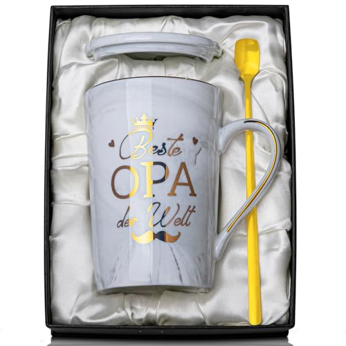 Opa Geschenk Geburtstag Vatertag, Bester Opa der Welt - 400ml Grau Tasse | Geburtstagsgeschenk Geschenke für Großvater, Marmor Becher mit Golddruck, Deckel, Löffel, Grußkarten, Exquisite Geschenkbox