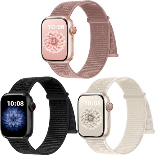 PIOWNN 3-pack nylonremmar kompatibla med Apple Watch, 41 mm, 40 mm, 38 mm,, för kvinnor, män, kardborrebandsfäste, sportslinga, band för iWatch, SE, serie 1–9
