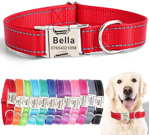 SEOUGEE Personligt hundhalsband med graverat metallspänne, reflekterande nylonhalsband för små medelstora hundar med anpassat namnskylt telefonnummer (röd, M: hals 35–50 cm, bredd 2 cm)