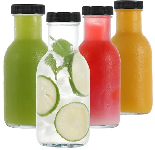 LIMILI Glasjuiceflaskor med lock, 4-pack 250 ml återanvändbara glasflaskor med lock, mejeridricksflaskor klara glasflaskor glasflaskor för hemmagjorda drycker picknick resa skola
