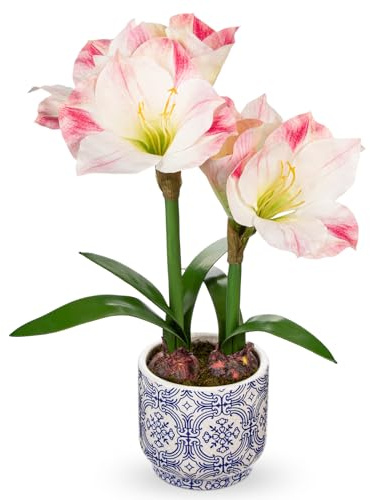 Arborus Kunstblumen im Topf aus Keramik Künstliche Amaryllis Blume wie Echt | Künstliche Blume in Vase Zimmerpflanzen Rosa Dekoblumen für Tisch Regal Fensterbank Balkon Deko Wohnzimmer Badezimmer