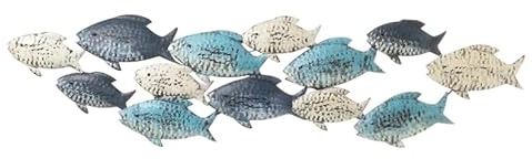 Maritimes Wandobjekt aus Metall – Fischschwarm, 13 Fische, creme-weiß, blau | ca. 75 x 19 x 2,5 cm – Zeitlose Wohndekoration zum Aufhängen in allen Räumen – Nautische Wanddeko – Seaside No.64