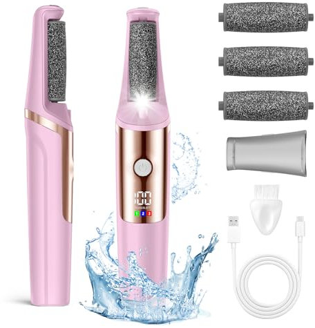 Dongxw Foot Files,Electric Callus Remover,3 Speeds Pedicure Feet Hard Skin Remover Kit, Electric Foot File, Rechargeable Foot Care Skin Removers with 3 Replacement Rollers, for Feet Care（Pink）