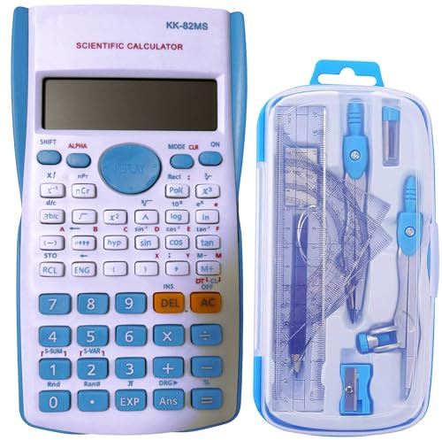 Maths Set Scientific Calculators Protractor and Compass - Basic Stationery Set 240 Functions 2 Line 10+2 Digits,Desk Math for School Protractor and Compass for Geometry with Rulers and Two Set Squares