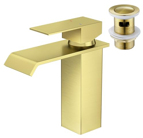 CREA Wasserhahn Bad Wasserfall, Waschtischarmatur mit Ablaufgarnitur | Mischbatterie Bad mit Wasserfall Auslauf, Hochdruck Armatur Waschbecken für Badezimmer, Modern Wascharmatur, Gebürstet Gold