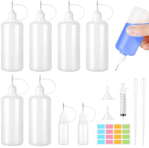 Amentalove 6 x100ml +2 x 10ml Nadelflaschen, Dosierflasche, Applikator Flasche mit Nadelspitze, 5ml Pipette und Spritze, Quetschflasche Klein, Nadelspitze Kleber Flasche Applikator für DIY