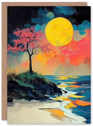 Artery8 Greeting Card Cherry Blossom Tree by Shore Coastal Sunset Blank For Him Or Her Art Birthday Card
