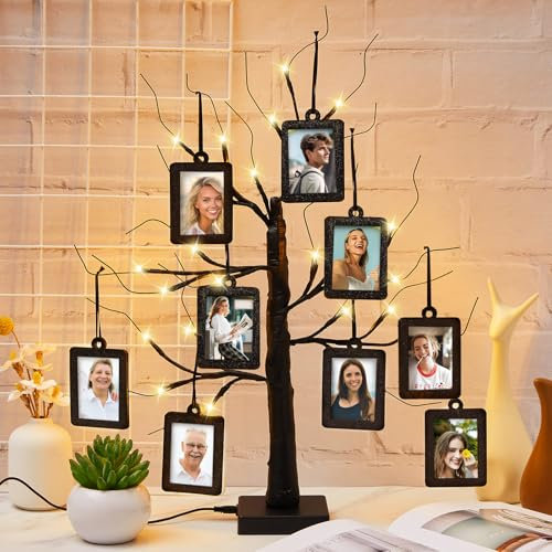 Leinuosen Marco de fotos iluminado con árbol genealógico con 10 marcos de fotos colgantes de 2 x 3 pulgadas, árbol genealógico iluminado de abedul de 23.6 pulgadas, para decoración de mesa (negro)