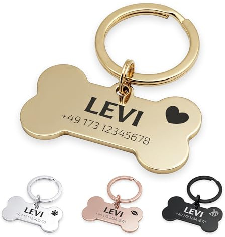 FELLSOCKE Hundemarke mit Gravur aus Edelstahl, Individuell gravierbar, Robuste Tiermarke, Dogtag Anhänger Hunde, Pferde, Katzen & Welpen (Glänzend, Goldfarben, 40x21mm)