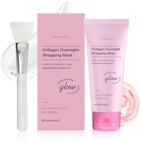 Collagen Night Wrapping Mask, Kollagenmaske Peel Off Maske Gesicht, Collagen Maske Overnight Poren Verkleinern, Reduziert Falten Mattheit& Verbessert die Hautelastizität, mit Masken Pinsel 100ml