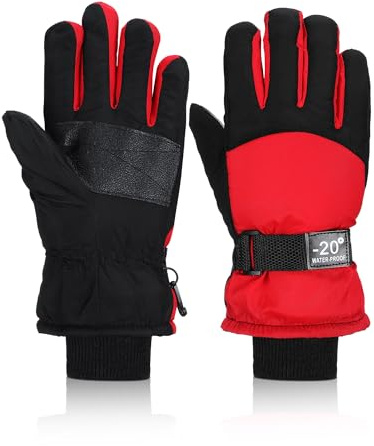 Geyoga Jetec Kids Waterproof Winter Snow Ski Gloves for Boys Girls Warm Thickening Snowboard Gloves Outdoor(Red,3-6 Years)