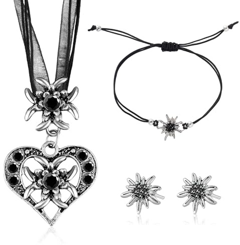 FloralGrace 4 Stück Trachtenschmuck Set Bayerisch Dirndlschmuck Trachtenkette mit Strass Edelweiß Herz Anhänger,Armband und Ohrstecker für Damen Bierfest Trachten Dirndl Outfit(Schwarz)