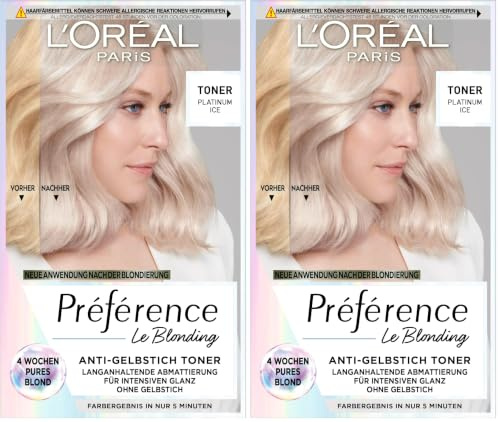 L'Oréal Paris Haartoner, Anti-Gelbstich für kühles Blond und intensiven Glanz, Ohne Ammoniak, Préférence Le Blonding, Platinum Ice (Packung mit 2)