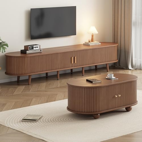 Lexiou Juego de 2 muebles de salón con espacio de almacenamiento y mesa de café, combinación de nogal en color madera original