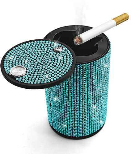 Rebvugr Bling Car Ashtray, Ashtray with Lid, Portable Sparkling Mini Ash Tray Cup Holder, Automotive Interior Accessories Multifunctional Smell Proof Ash Tray Fit for Car Home Office (Light Blue)