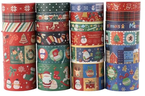 Fyfjur 24 Rollos Washi Tape de Navidad, Cinta Adhesiva Decorativa Autoadhesivo, Washi Tapes para Manualidades Navidad, álbumes de Recortes, Envoltura de Regalos (10mm/15mm/20mm/30mm)
