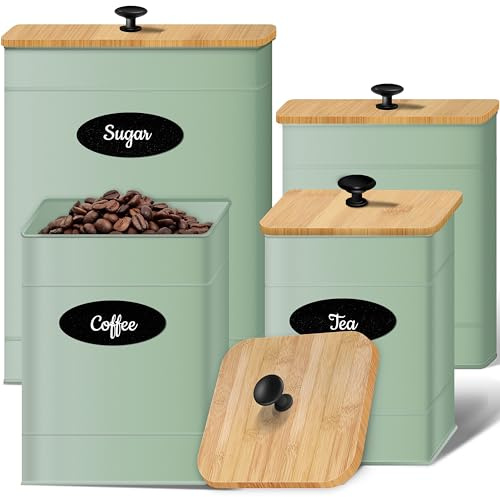 Canisters Sets for the Kitchen Set of 4, Metal Sugar Flour Coffee Storage Containers for Countertop with Airtight Lids, Customizable Chalkboard Labels & Marker Pen, Storage Jars Canisters - Sage Green