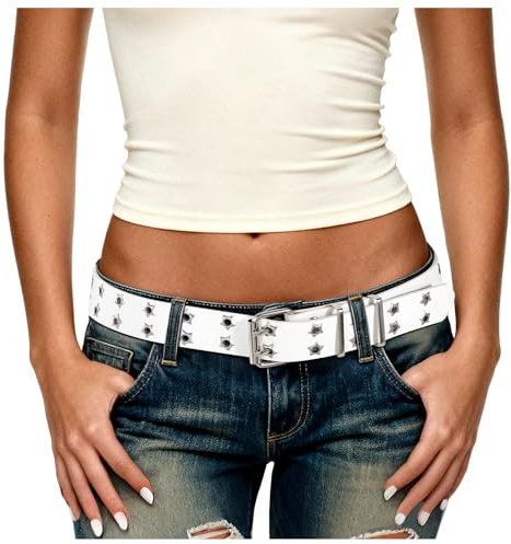 JasGood Damen Punk Gürtel,Y2K Doppelloch Gürtel mit Sternloch Goth Ledergürtel für Jeans Cosplay Hip Hop Rock