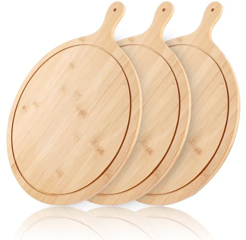 LDXDRU 3 Stück 41 cm Pizzabrett Bambus, Rund Pizzateller Bambus Pizza Teller Gross Schneidebrett mit Griff Hause Pizza-Plate für Pizza, Foccacia oder Brot
