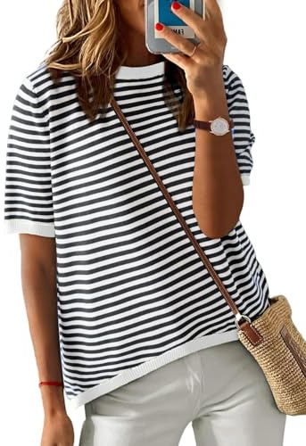 UMIPUBO Camisetas Manga Corta Verano Mujer Cuello Redondo de Rayas Choque De Colores T Shirt Elegantes Moda Casual Tops Cómoda Loose Blusas tee (Beige, L)