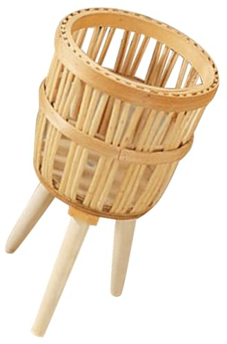 COMPUKAS Bamboo Woven Plant Pot Basket with Wooden Stand, Houseplant Holder for Balcony Decor, Handmade Planter with Pet Protection, Khaki, Indoor Flower Basket