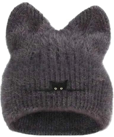 Cuffia per orecchie di gatto per le donne, berretto per orecchie di gatto in lana lavorata a maglia solida, berretto maglione caldo, estensibile