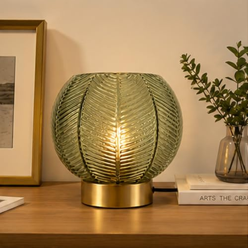 Kairui Lighting 20cm Leaf Glass Table Lamp, Gold Metal Bedside Lamp with On‑Off Switch, Thickened Glass Shade in Green, Modern Decor Light for Bedroom Living Room Study (Green)
