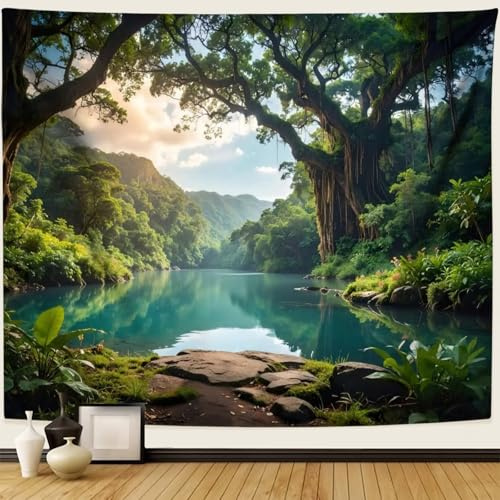 Dsnyu Wandteppich Natur Klein, Wandteppich Wandtuch Landschaft Wandvorhang Grün Baum Seen Wandbehang Wald Tapestry Polyester 150x130cm