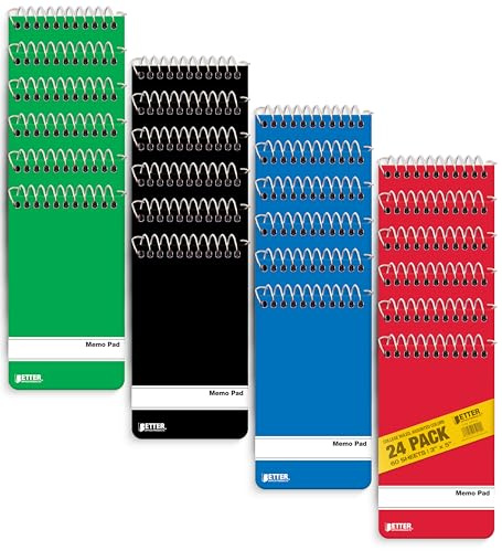 Spiral Memo Pads, 24 Pack, 3 x 5 inches, 60 Sheets, College Rule, by Better Office Products, Assorted Solid Colors, 24 Pack