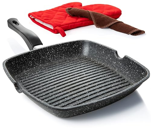 Moss & Stone Aluminum Nonstick Grill Pan for Stove Tops, Versatile Griddle Skillet with Pour Spouts, 11 Inch Square Grill Pan Big Cooking Surface, Durable Skillet For Indoor Cooking & Outdoor Grilling